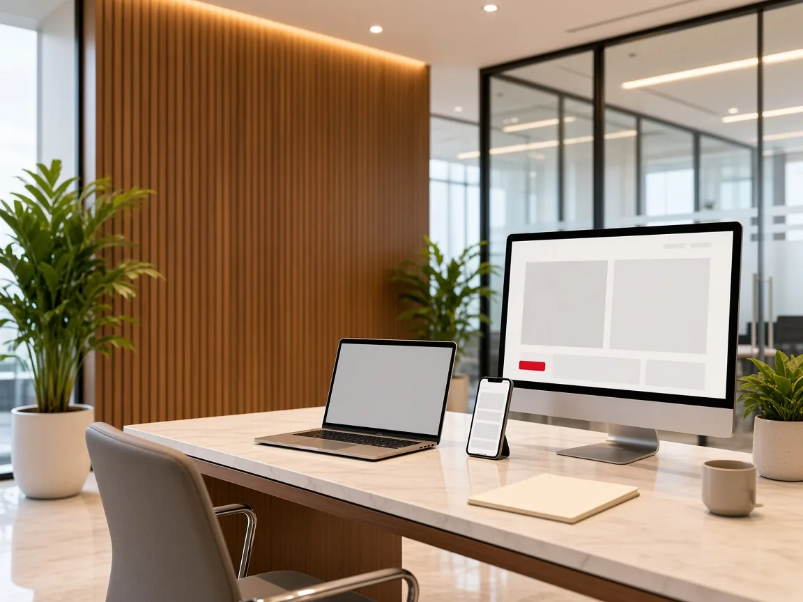 Studio desk with a laptop, a phone and a website layout on the monitor