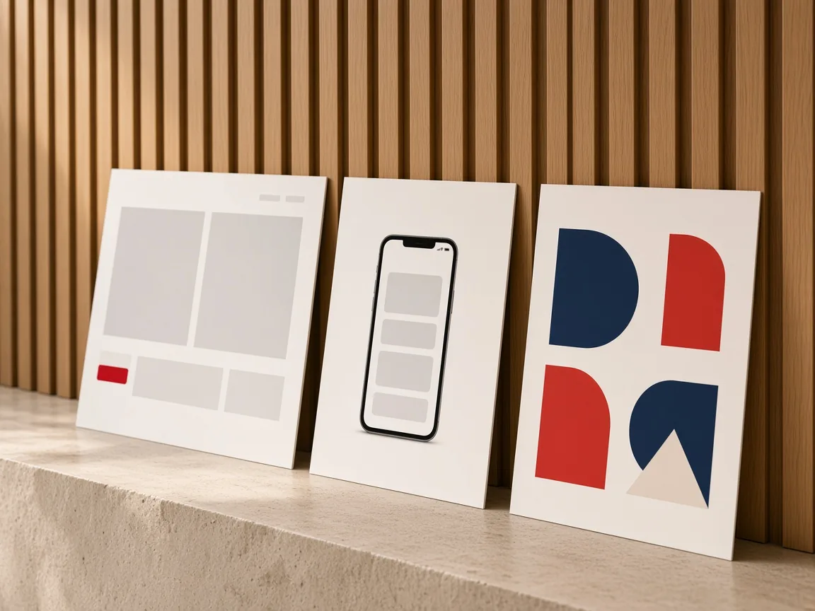 Three boards showing a website layout, a phone screen and a brand composition
