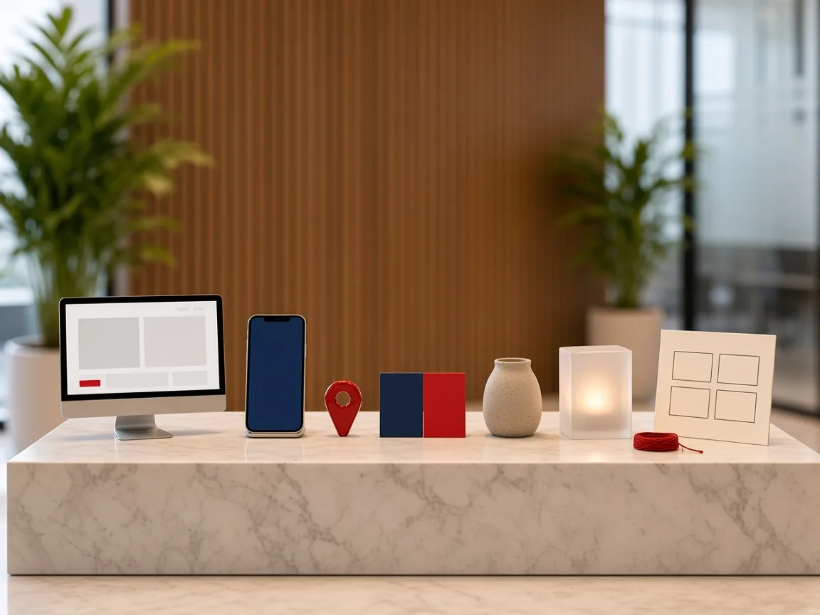 Eight small objects on a studio table, one for each kind of work
