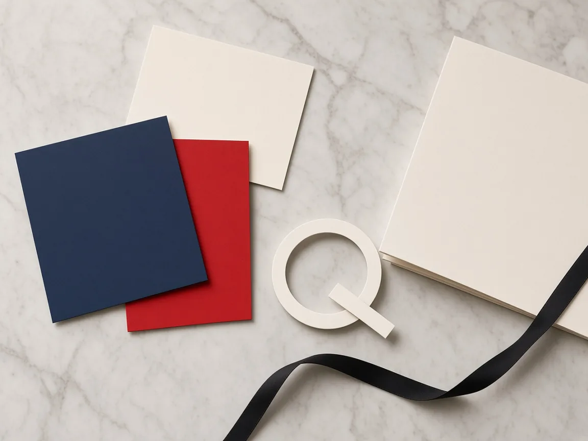 Navy, red and cream colour chips with a paper mark and blank stationery