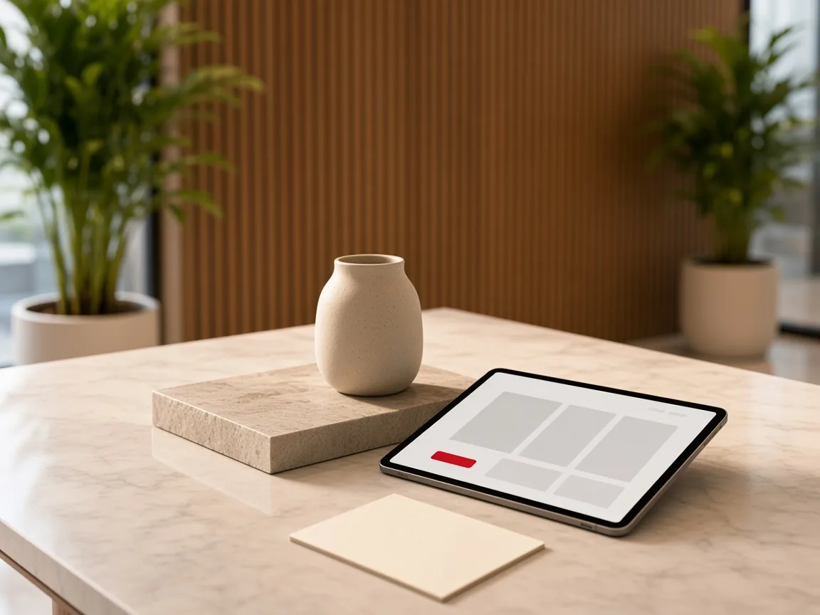 A ceramic vessel beside a tablet showing a product grid