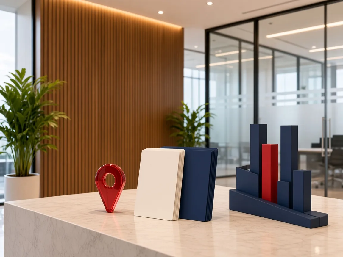 A red location pin, blank cards and a bar sculpture on a studio table