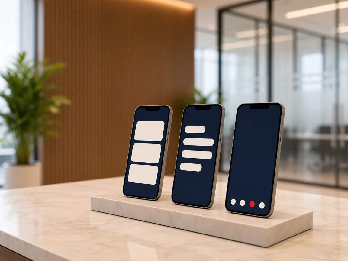 Three phones on a stone plinth showing abstract app screens